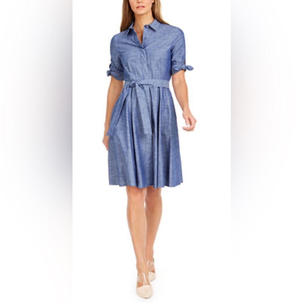 Calvin Klein Blue Chambray Fit & Flare Tie Waist Shirt Dress Size 2P